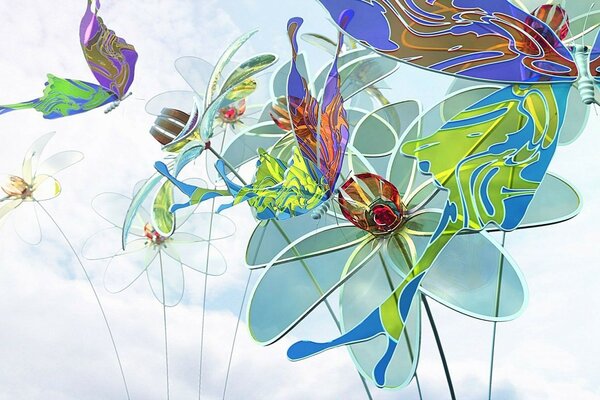 Butterflies and flowers of blue-transparent flowers