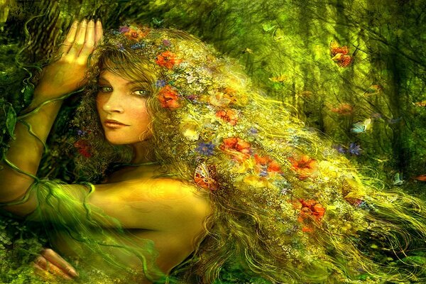 The hair of a forest girl made of flowers