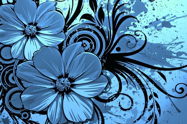 Drawing with patterns and blue flowers