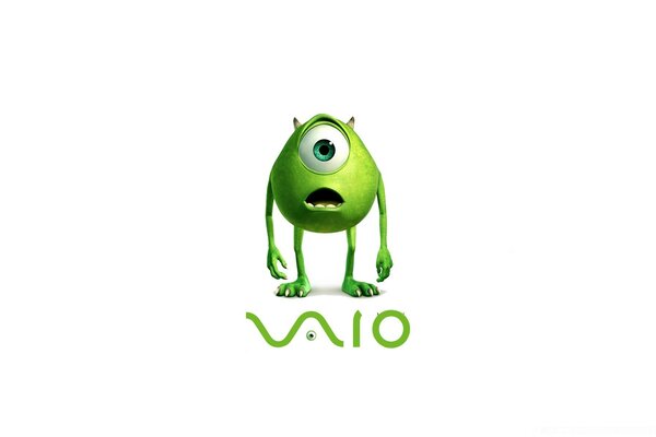 Emblem with a one-eyed green cartoon character