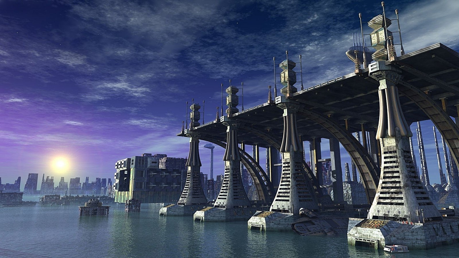 fantasie brücke wasser reisen architektur fluss stadt himmel transportsystem haus modern verbindung städtisch bau im freien meer pier sonnenuntergang hafen