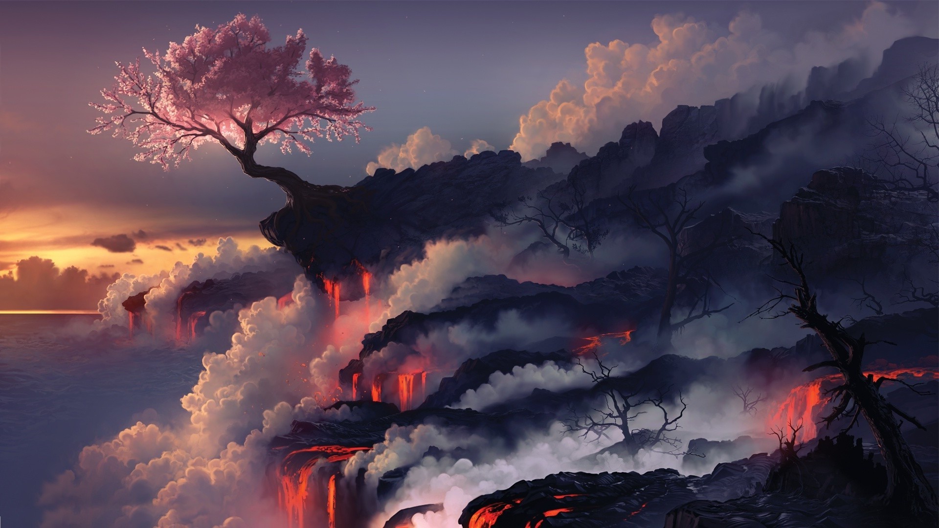 fantasy sunset dawn sky landscape evening silhouette nature dusk light outdoors mountain storm weather tree