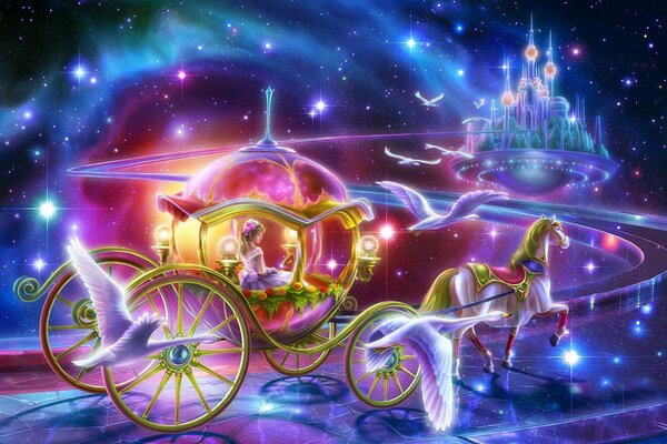 Un chariot magique. Cendrillon se précipite au bal