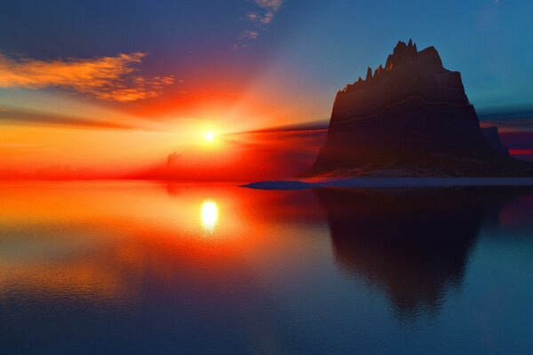 Red sunset over water and cliff