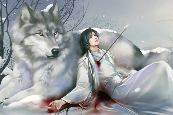 The wounded man lies at the snow wolf