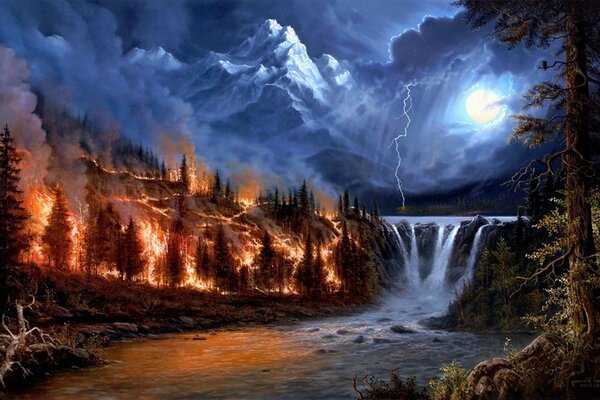 Waterfall near the burning forest at night