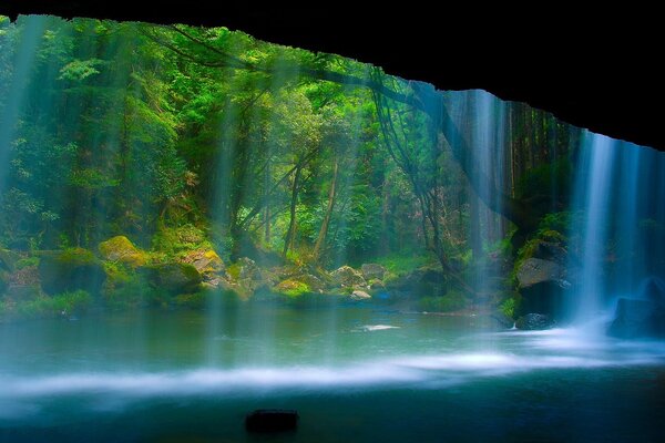 Hidden cave from prying eyes behind a waterfall