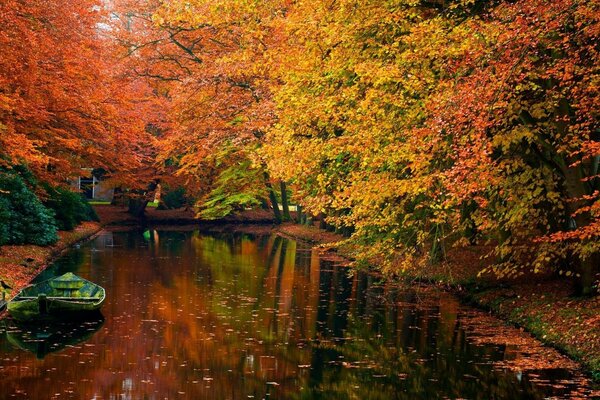 Parque con estanque. Paisaje de otoño multicolor brillante