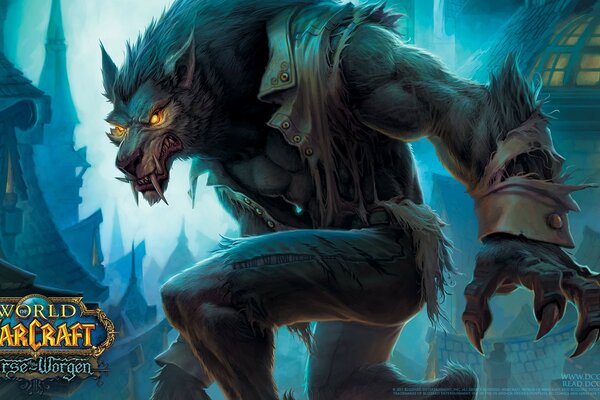 Personnage de Warcraft sur fond de ville fantastique