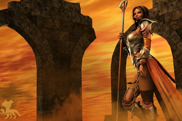 Female warrior, amozonka on ruins