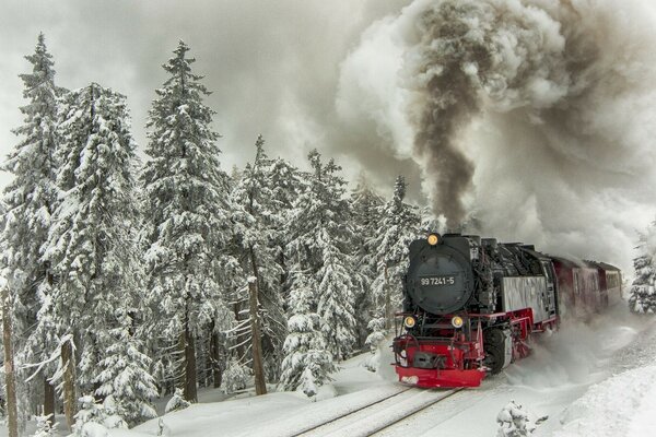 Locomotiva a vapor percorre a taiga coberta de neve