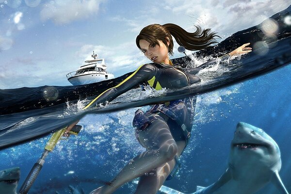 La heroína del juego en la lucha con los tiburones