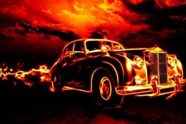 Flames from a car that rides against the background of a blood-red sky