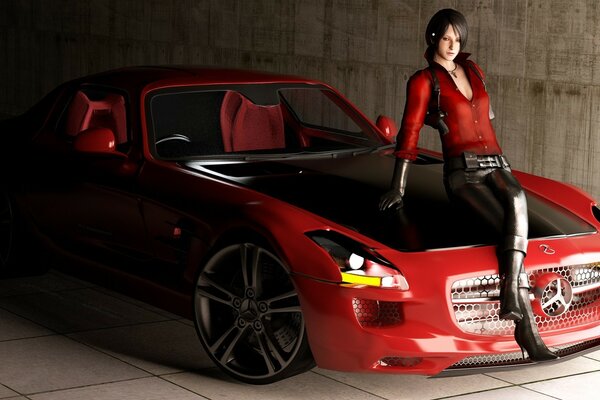 Fille en rouge sur la voiture rouge