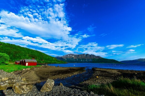 A landscape with a very blue sky and a bright blue lake