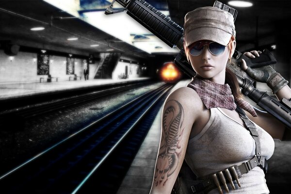 A girl with a tattoo in the subway in an army uniform