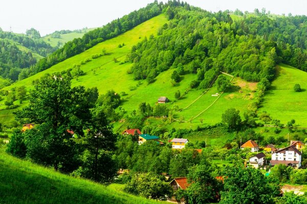 Green mountains and a small settlement