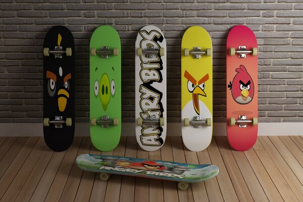 Designer skateboards , illustration of the angry birds game