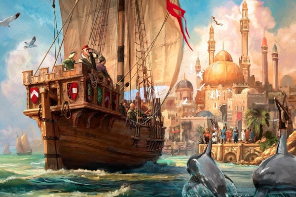 O navio que navega para a cidade do jogo Anno 1404