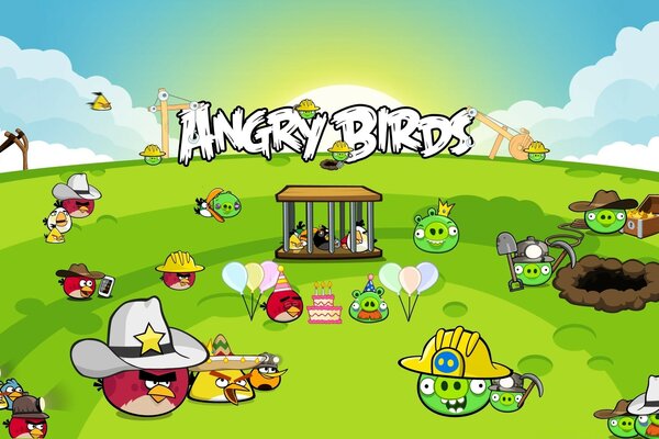 Un boceto del juego angry birds en un claro de hierba