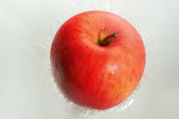 Ice. Picturesque wet red apple