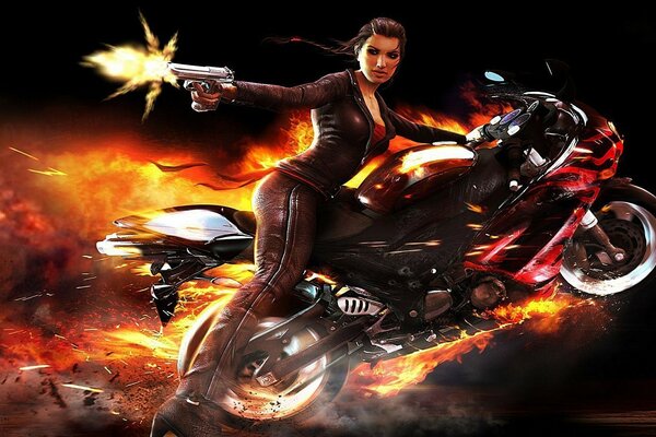 A girl on a motorcycle shoots a gun