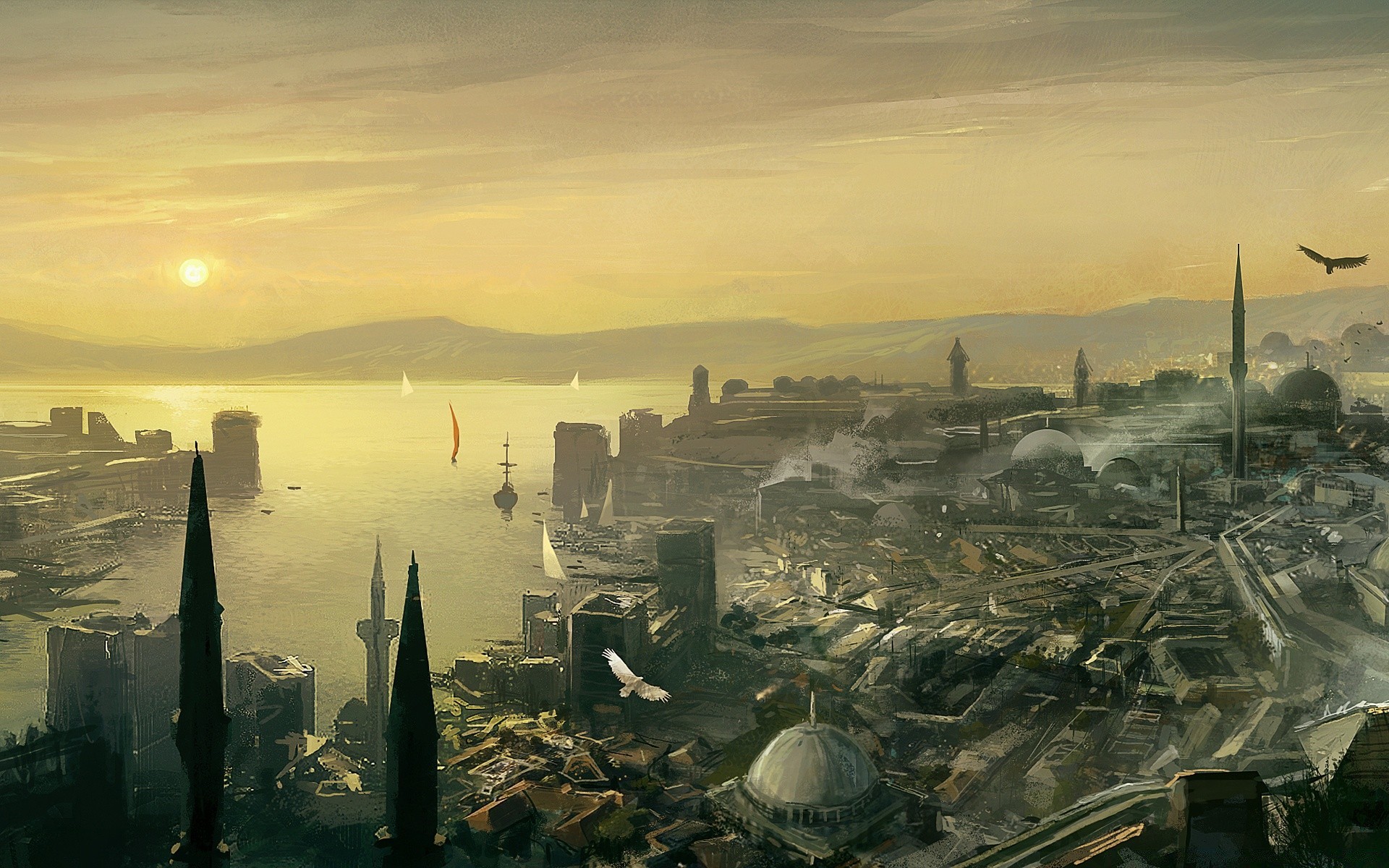 assassin s creed eau aube ville coucher de soleil voyage voiture paysage rivière architecture brouillard