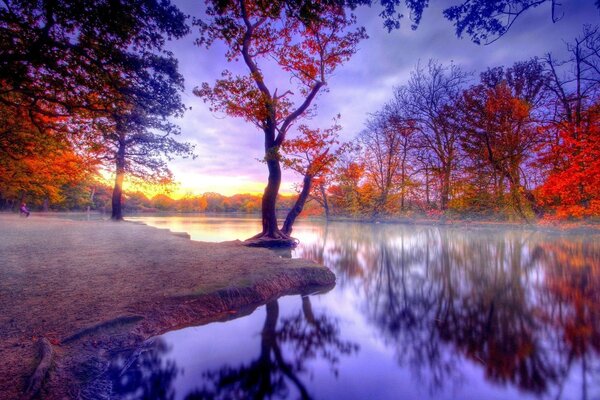 Amanecer de otoño en la orilla del lago