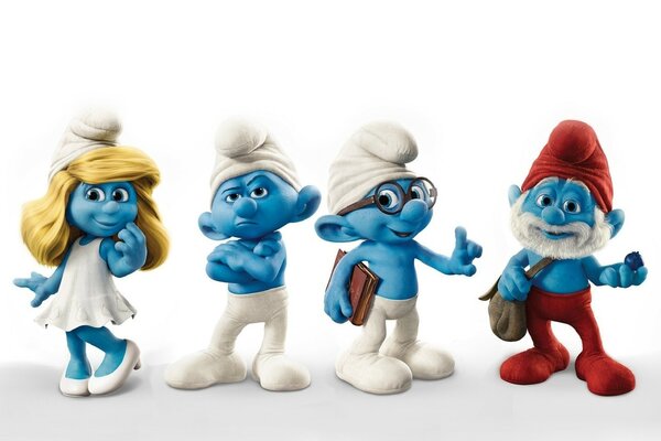 Four Smurfs stood in a row. The blonde. The guy with glasses. An old man in red clothes