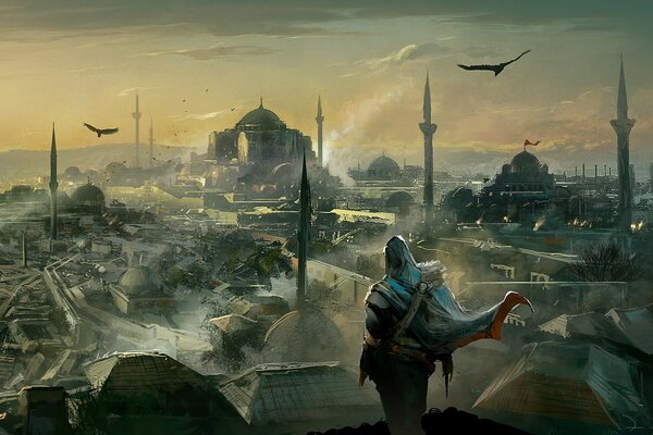 The main characters of the game assassin s creed stands on the roof and looks at the city