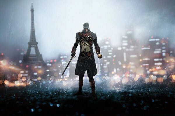 A character from the game assassin s creed stands in the rain against the backdrop of Paris at night