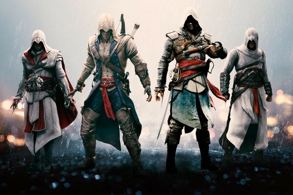 Four heroes from the game assassin s creed are standing in the rain