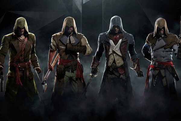 Quatre guerriers avec des armes à la main du jeu d ordinateur Assassin s creed