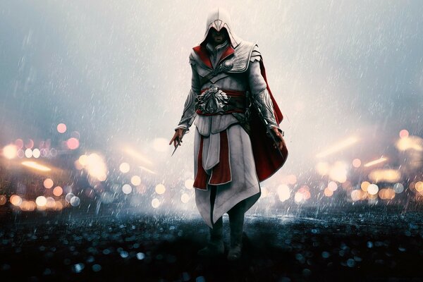 Bild aus dem Spiel Assassin s creed Man auf dem Hintergrund einer verschwommenen Stadt