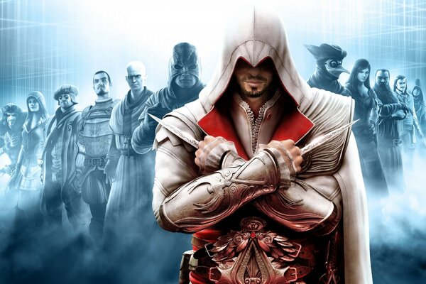 Assassin en uniforme blanc et derrière les autres personnages du jeu