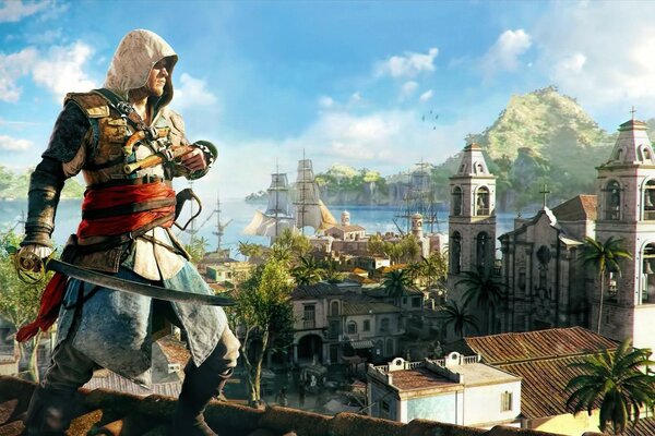 A character from the game assassin s creed with a saber stands on the roof