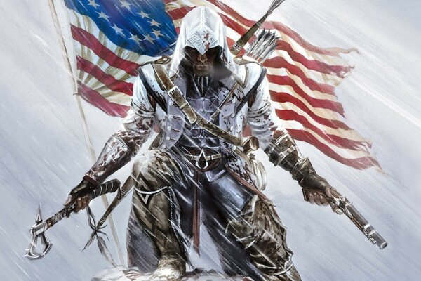 Guerrero con un hacha y un revólver en el fondo de la bandera americana de Assassin s creed