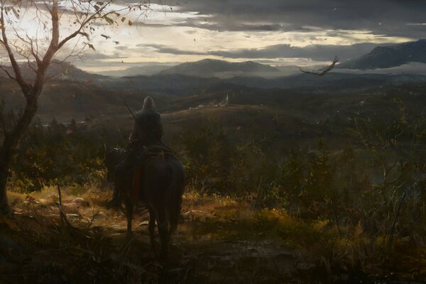 A man on a horse in the evening at sunset