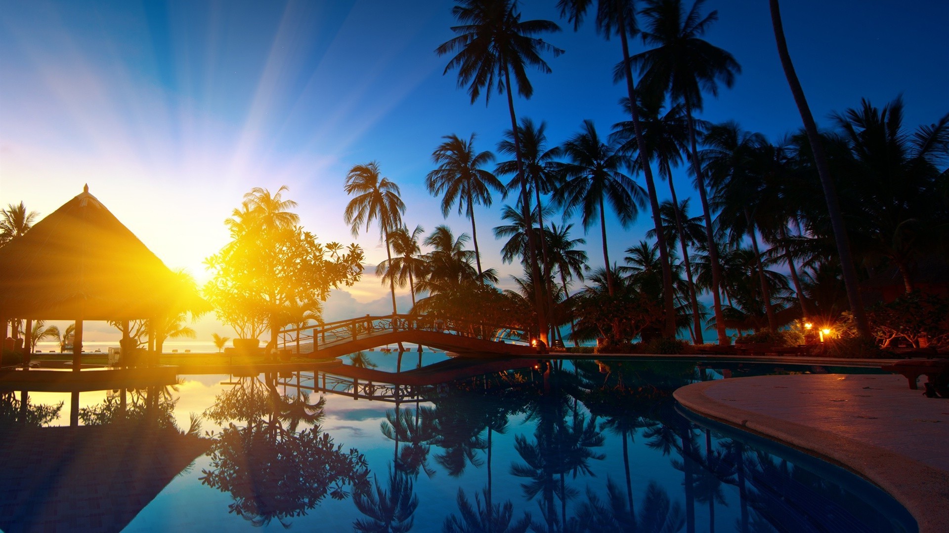 piscine acqua tramonto spiaggia tropicale viaggi sole palme crepuscolo mare oceano resort cielo sera esotico albero estate isola alba cocco