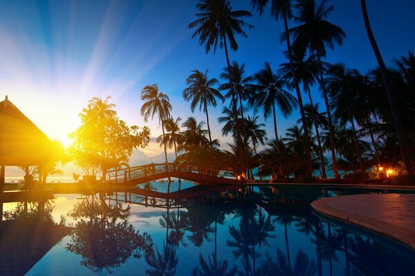 Coucher de soleil sur la plage. Piscine. Tropiques