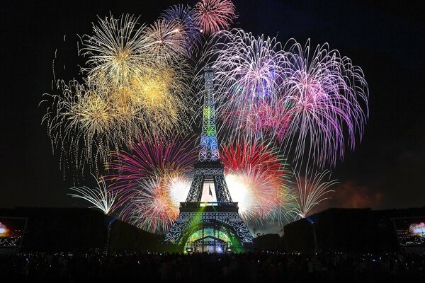 Magnificent fireworks display on the background of the famous place