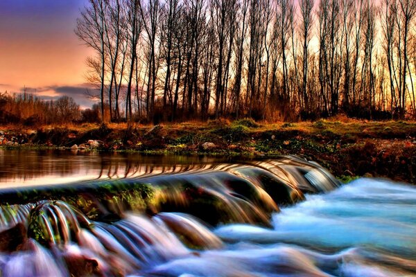 Imagen de un río tormentoso en el bosque de otoño