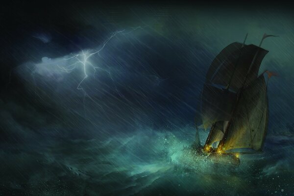 At night, under a thunderstorm, a boat sails on the sea