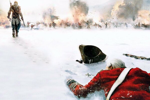Холодная снежная зима, на снегу лежит солдат, рядом пистолет