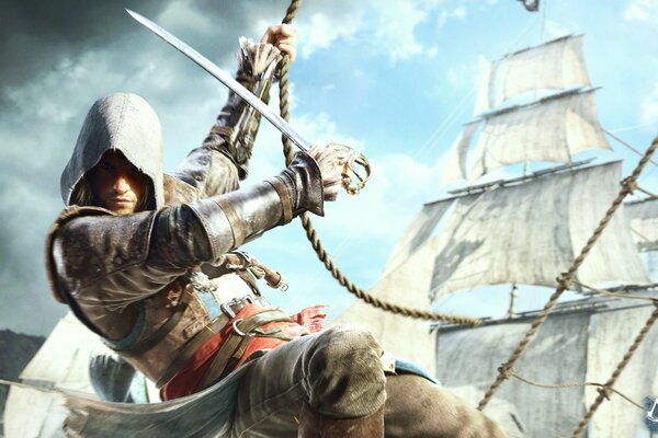 An assassin with a rope on a military vessel