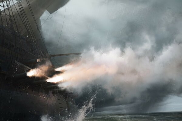 The ship shoots into the sea around the smoke