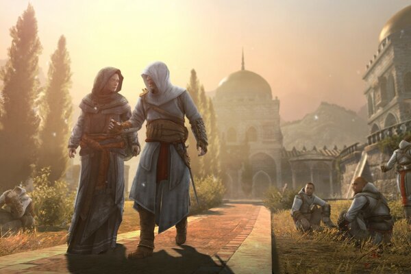 Assassin s creed. Travelers stroll through the ancient streets