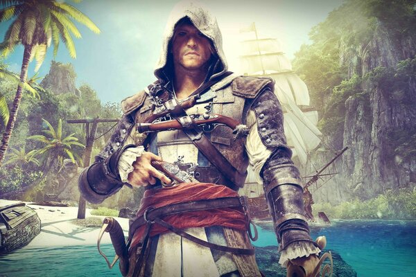 Assassin s creed. Viajero en la playa con palmeras