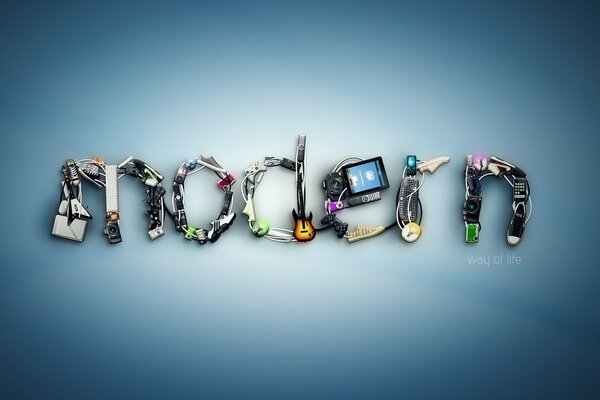 The word Modern, composed of heterogeneous objects, tools and gadgets on a blue background