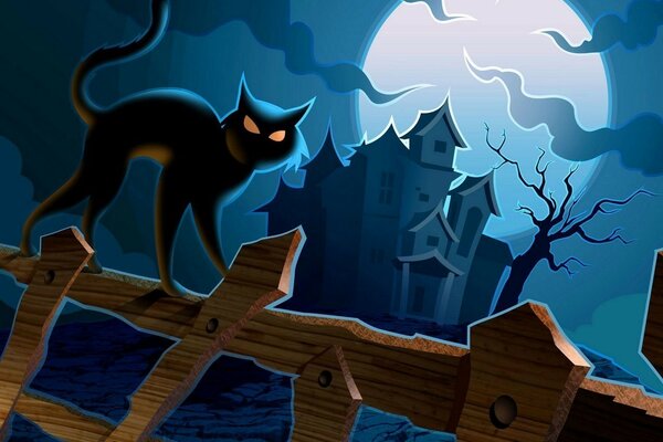 一个可怕的城堡背景下的围栏上的卡通黑猫